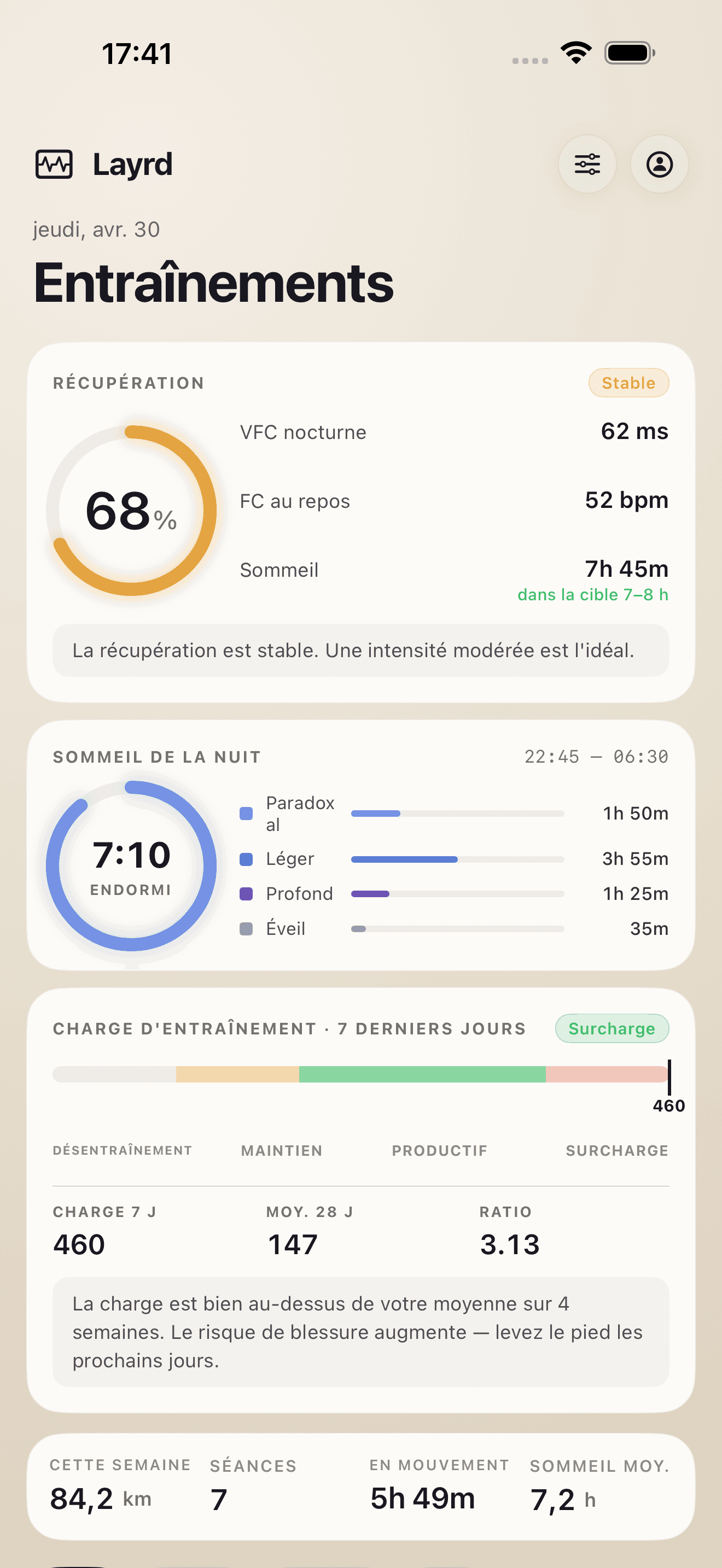 Layrd home with cardio score and training load