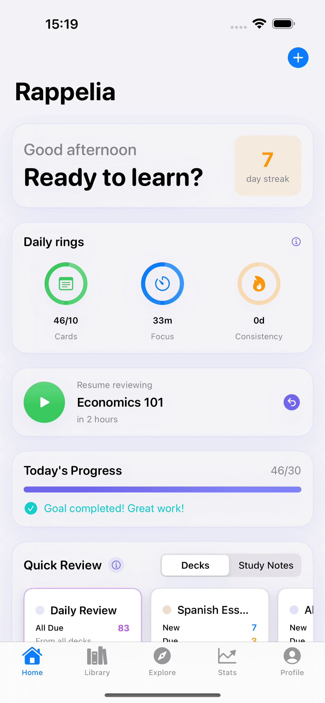 Rappelia home dashboard showing daily rings, study streak, and quick review decks