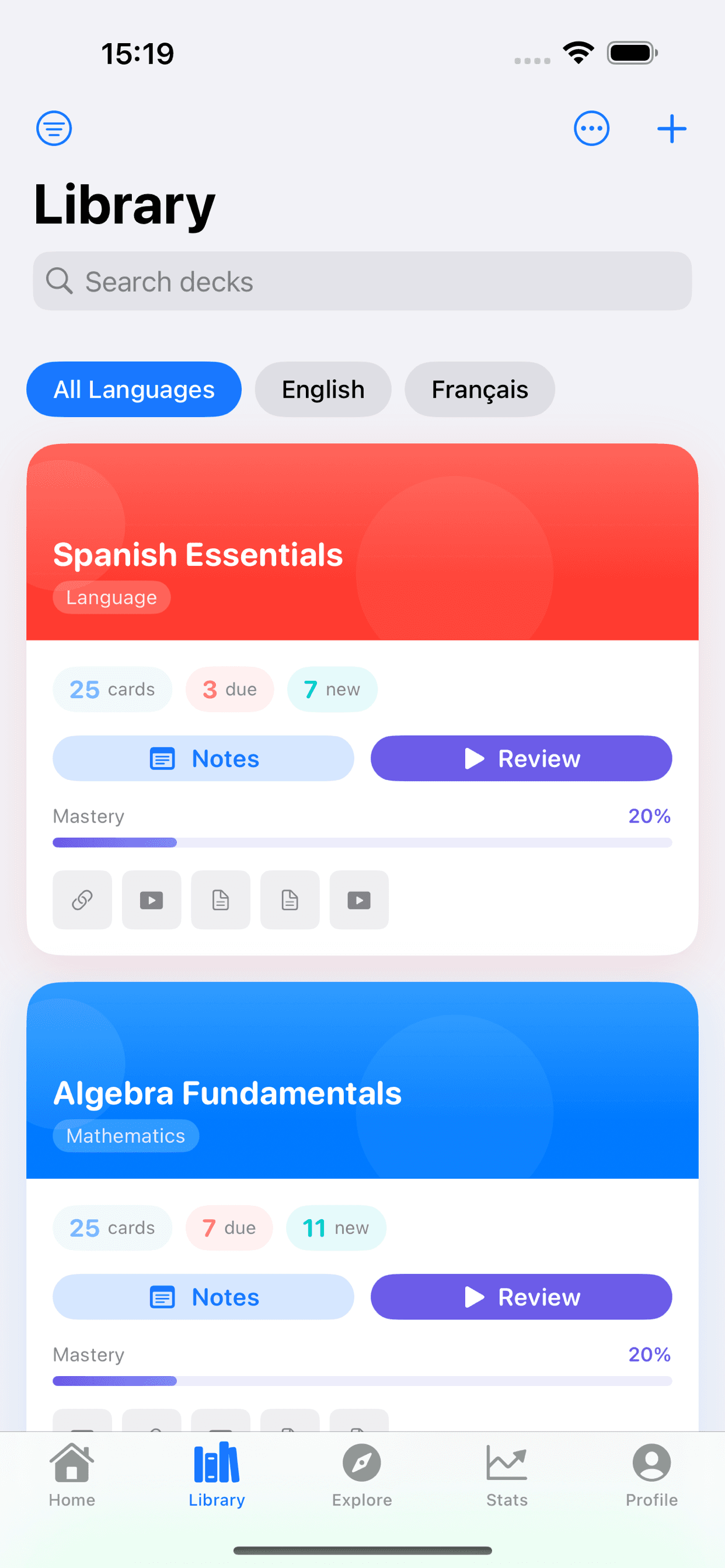 Rappelia library showing colorful flashcard decks with mastery progress bars