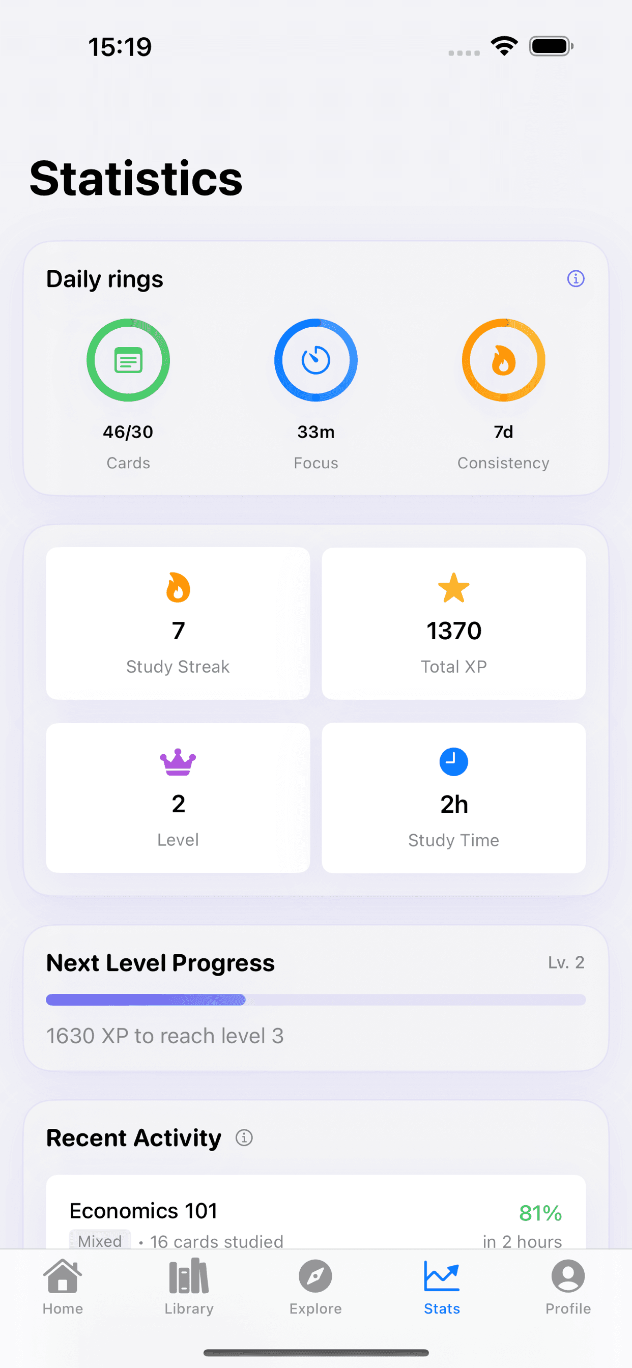 Rappelia statistics showing daily rings, XP, study streak, and level progress