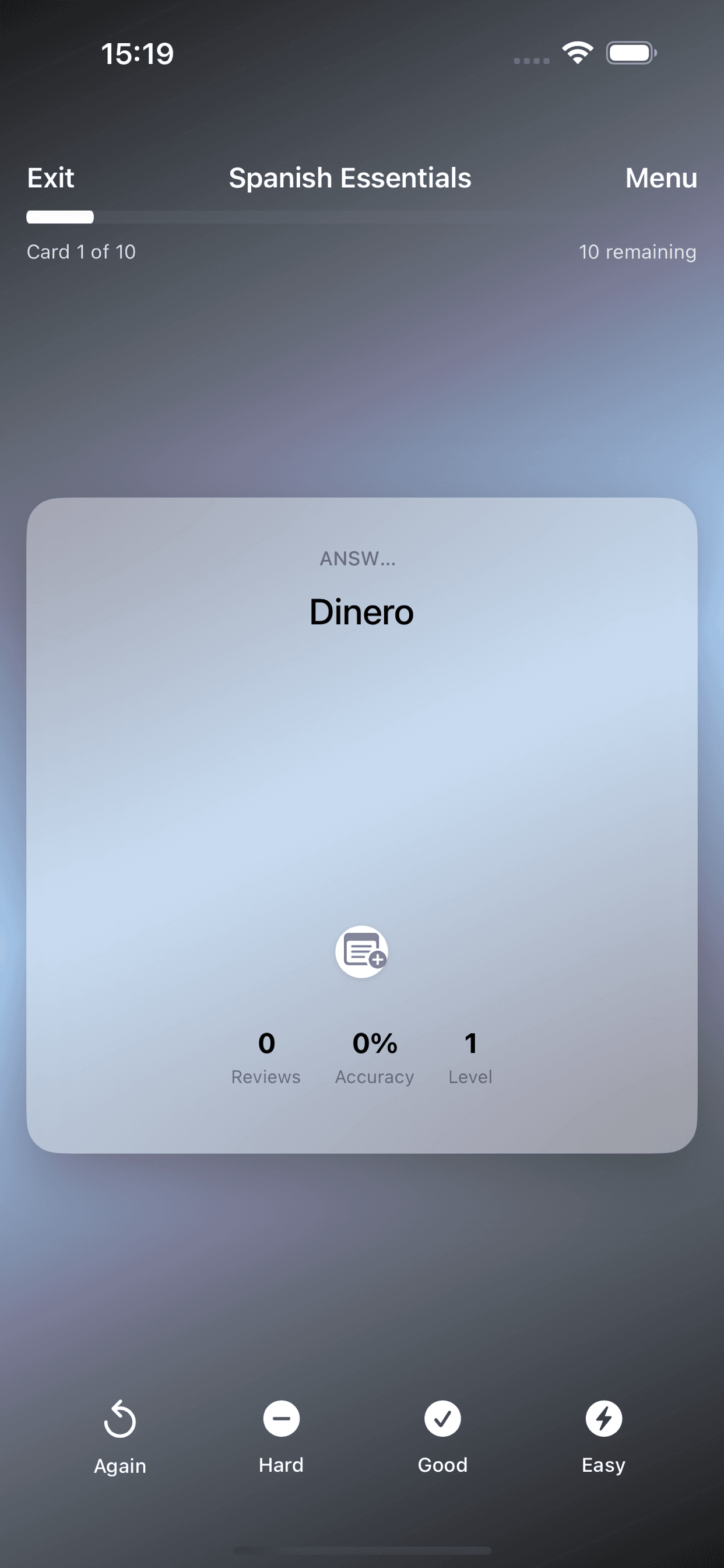 Rappelia study session showing flashcard review with question and answer sides