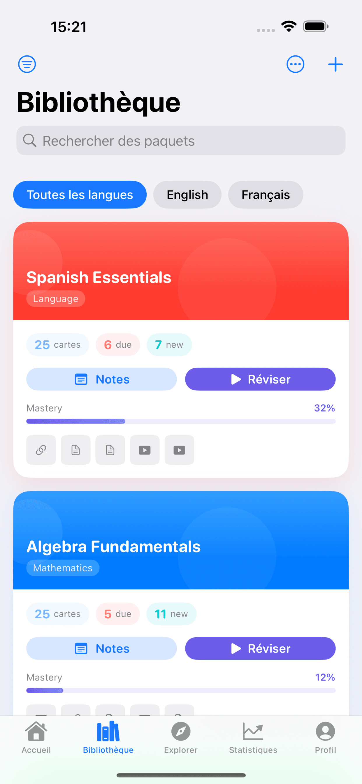 Rappelia library showing colorful flashcard decks with mastery progress bars
