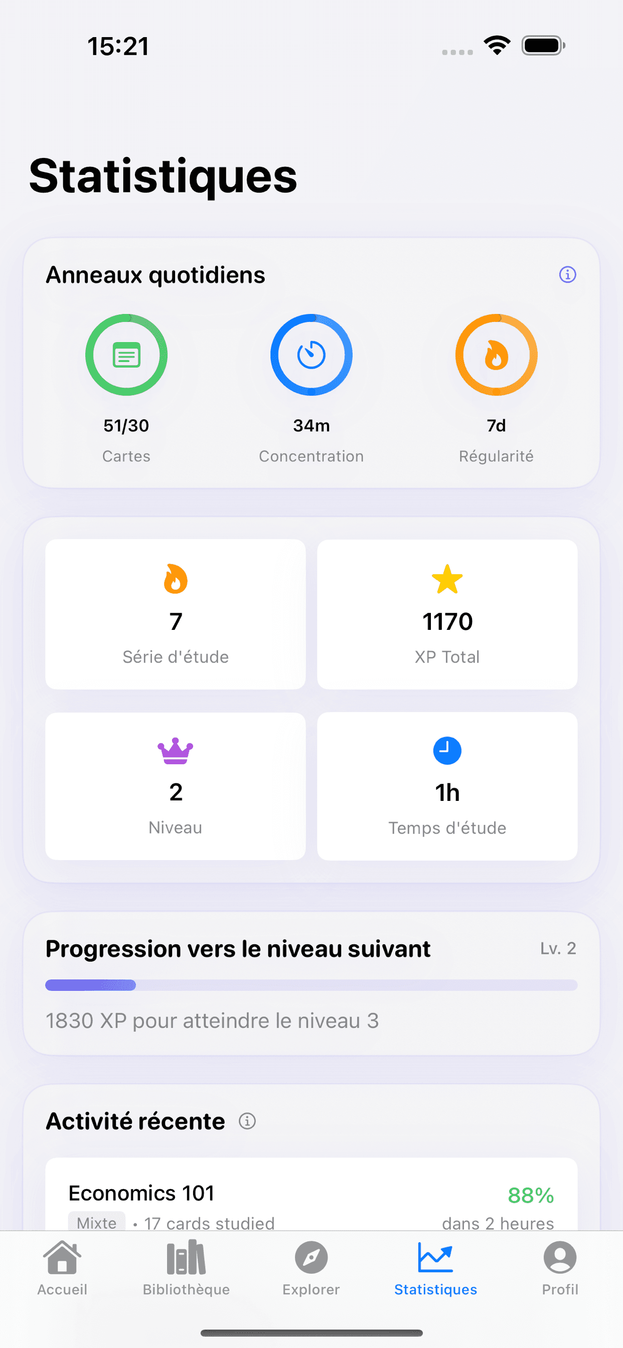 Rappelia statistics showing daily rings, XP, study streak, and level progress