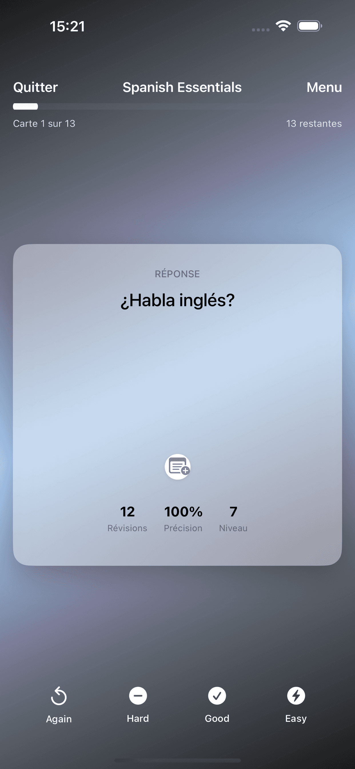 Rappelia study session showing flashcard review with question and answer sides