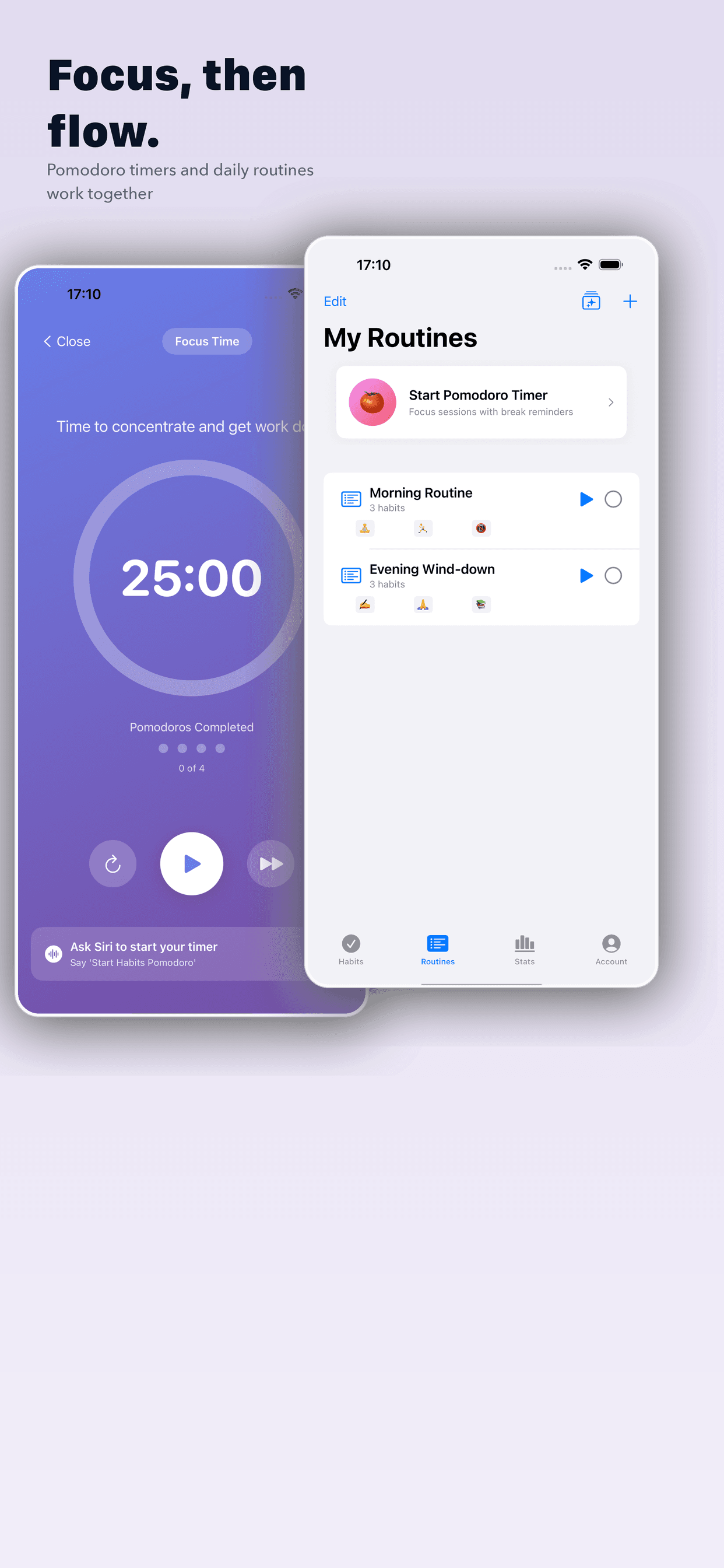 Vestig Pomodoro timer at 25 minutes alongside the routines list with morning and evening sequences