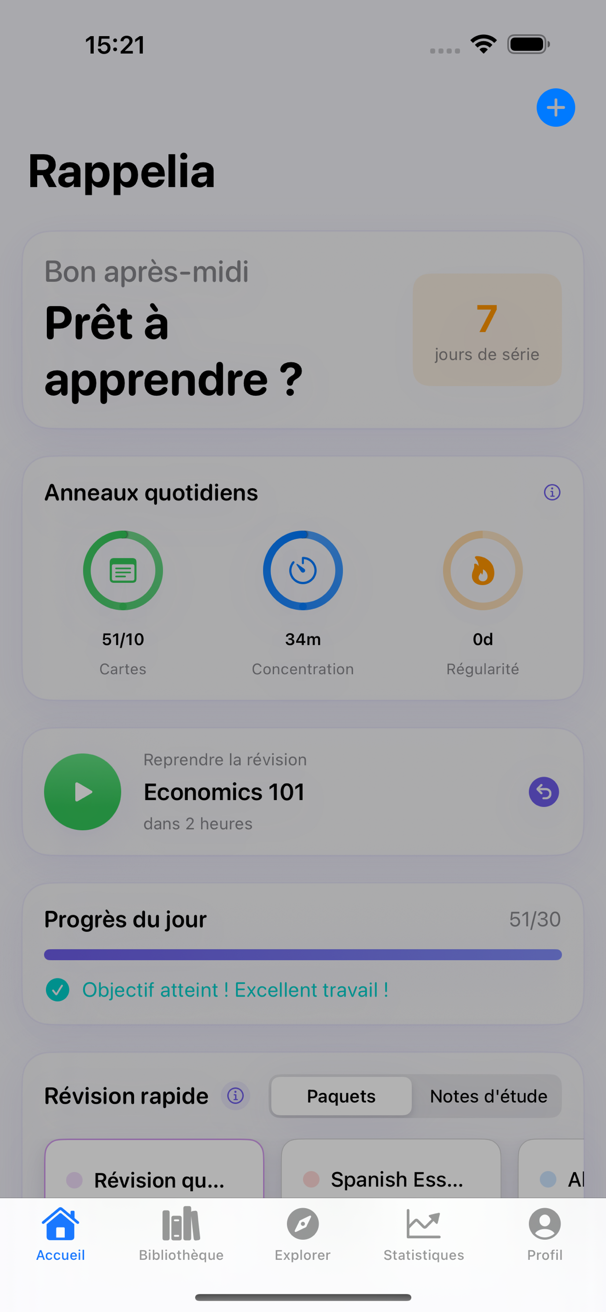 Écran d'accueil de Rappelia avec paquets et série quotidienne