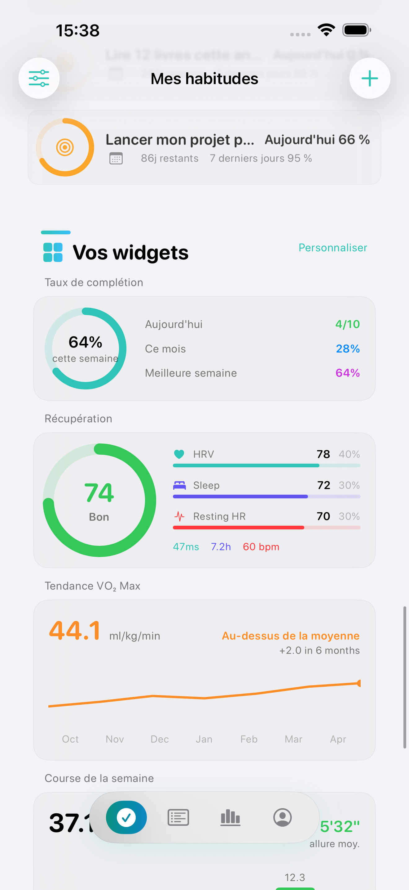 Écran Aujourd'hui de Vestig avec widgets Smart Habits suivis depuis Apple Santé